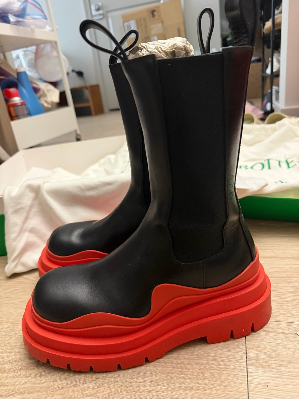 Bottega Veneta Tire Boots Black Red Leather Size 36